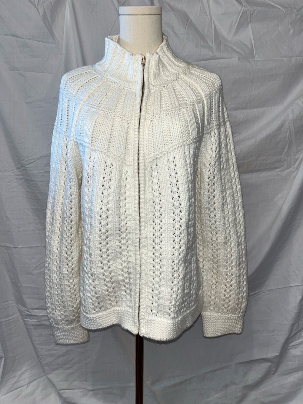 Talbots White Zip-Front Knit Cardigan Sweater